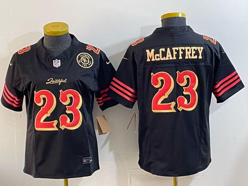Women 2026 San Francisco 49ers #23 Mccaffrey Black gold Nike Limited NFL Jersey style 04->women nfl jersey->Women Jersey